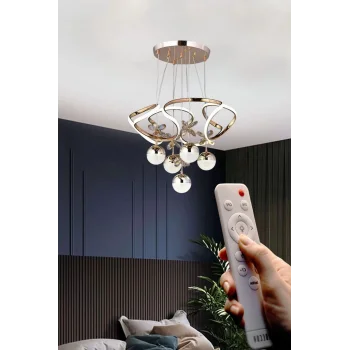 Galaksi Beş Toplu Üç Renk Kumandalı Altın Gold Renk Ledli Avize