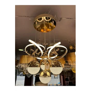 Hemera Modern Kumandalı Led Sarkıt Avize 3 Renk 4 Bölmeli Gold Kaplamalı Toplu Kelebek Taşlı