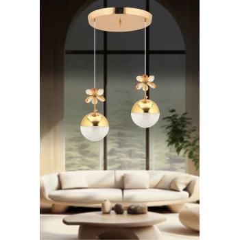 Kelebek 2li Gold Sarkıt Ledli 3 Renk Kademeli Kristal Taşlı Led Avize