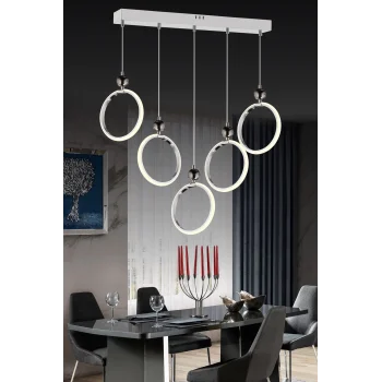 Modern Beşli Yuvarlak Üç Renkli Krom Yemek Odası Led Avize