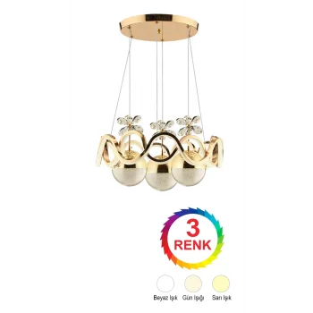 Orkide Gold Renkli 3lü Toplu 3 Renk Kumandalı Modern Ledli Avize