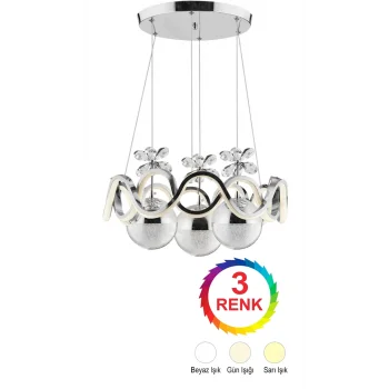 Orkide Krom Renkli 3lü Toplu 3 Renk Kumandalı Modern Ledli Avize