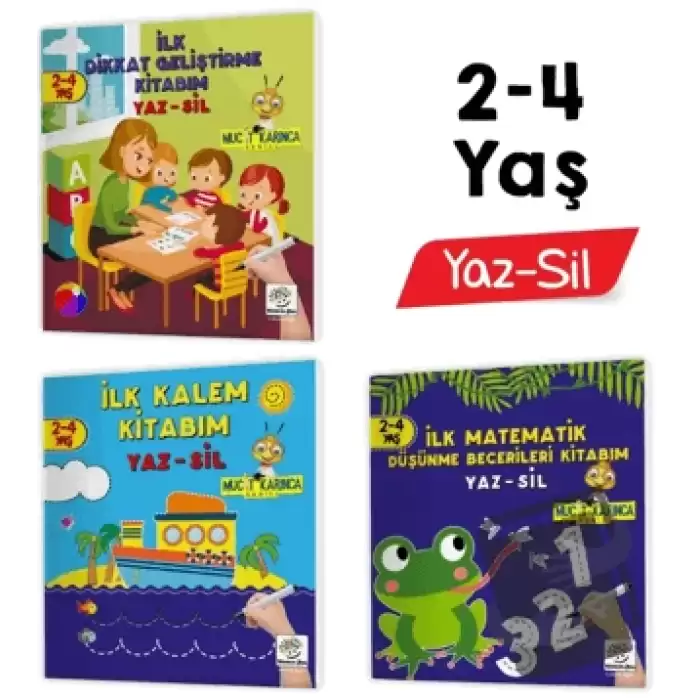 2-4 Yaş Mucit Karınca YAZ - SİL Kitaplar (İlk Kalem, Dikkat, Matematik, Düşünme Becerileri Kitabım)