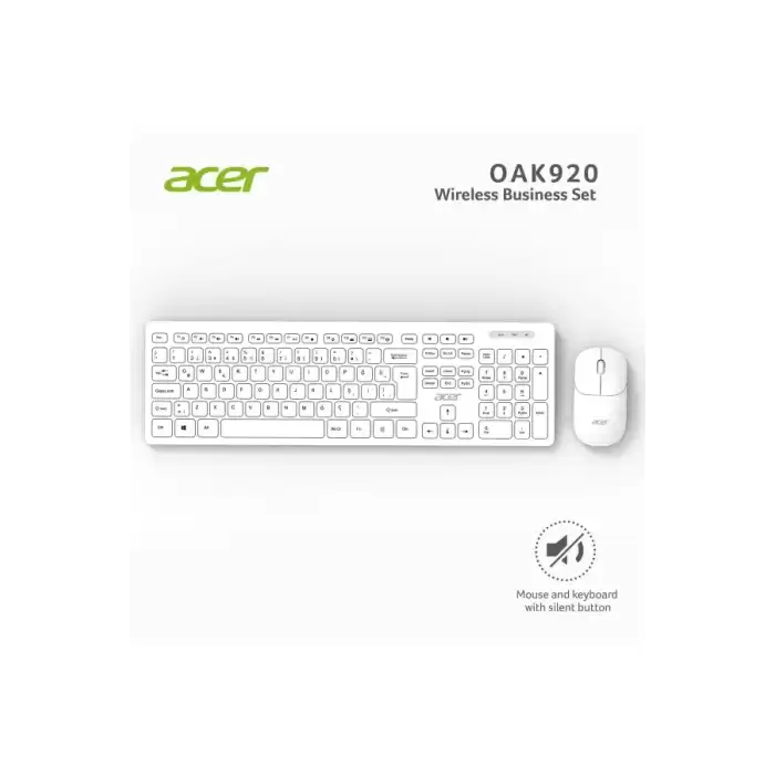 Acer Oak-920  Beyaz Kablosuz Sessiz Tuşlu  2.4Ghz Klavye Moue Set Beyaz (Mouse 1200Dpı)