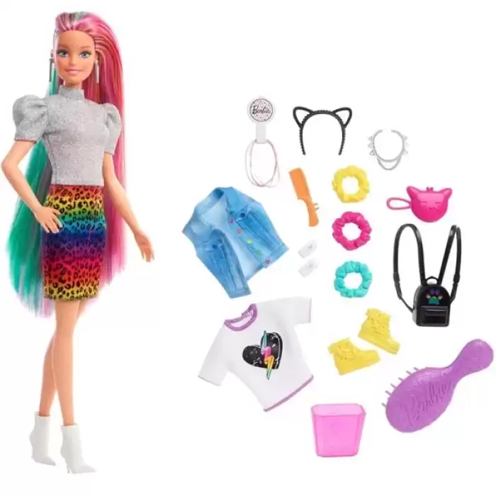 Barbie Leopar Desenli Saçlar Bebeği Grn81