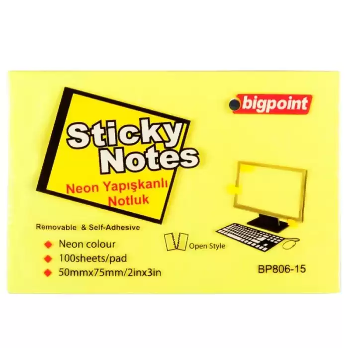 Bigpoint Yapışkanlı Not Kağıdı 75X50 Neon Sarı Bp806-15 - 12li Paket