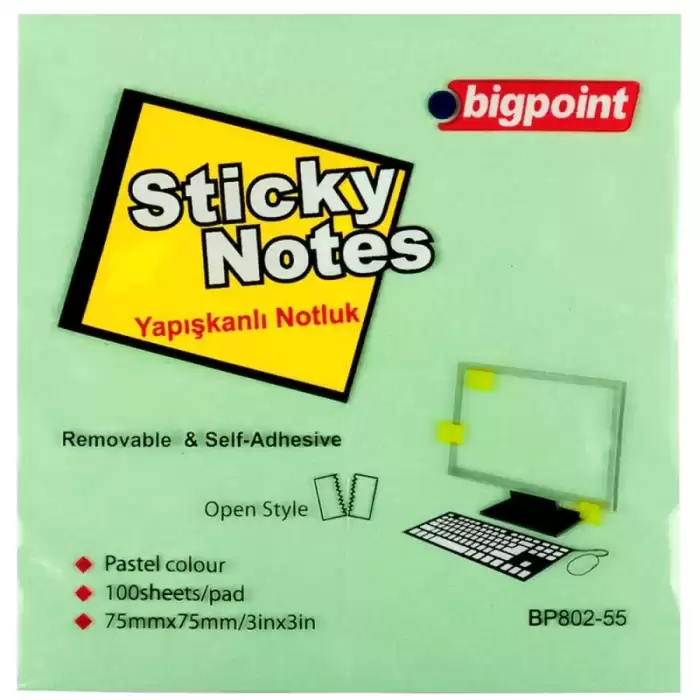 Bigpoint Yapışkanlı Not Kağıdı 75X75 Yesil Bp802-55 - 12li Paket