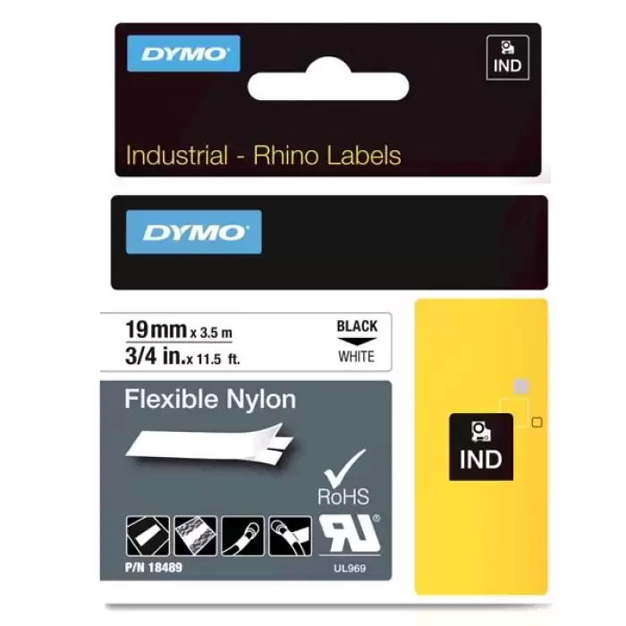 Dymo Rhino Pro Etiketi Plastik Esnek 19 Mmx3.5Mt Siyah Üzerine Beyaz 18489