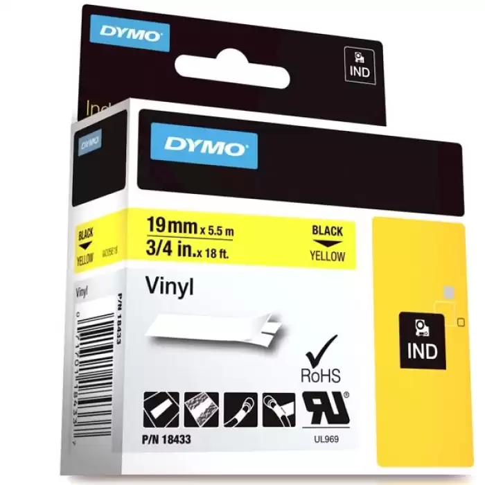 Dymo 184433 Rhinopro Renkli Vinil 19Mmx5,5M Sarı-Siyah 18433