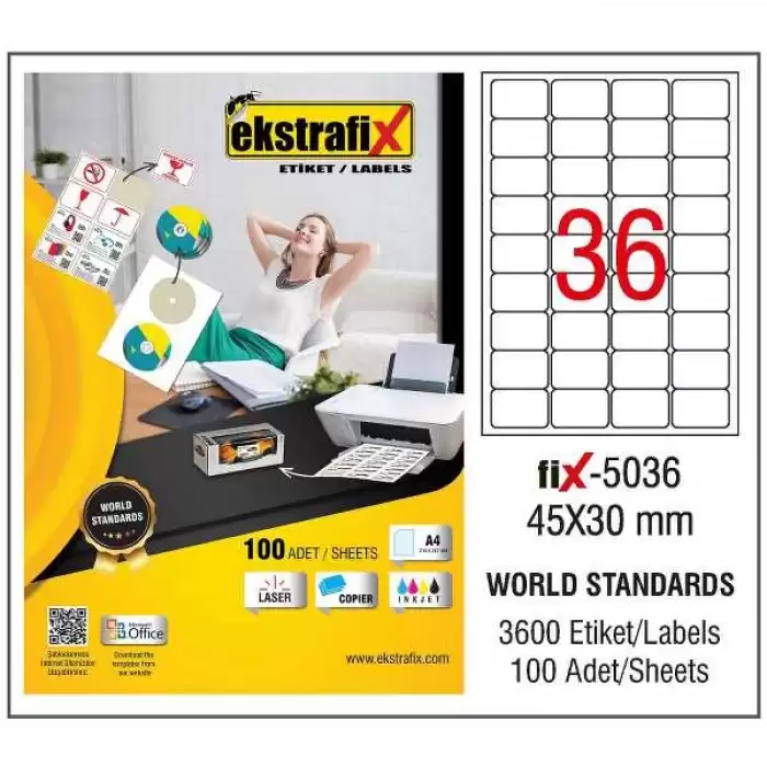 Ekstrafix Laser Etiket 100 Yp 45X30 Laser-Copy-Inkjet Fix-5036