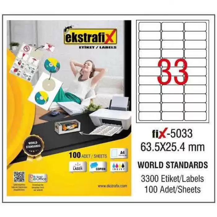 Ekstrafix Laser Etiket 100 Yp 63,5X25,4 Laser-Copy-Inkjet Fix-5033