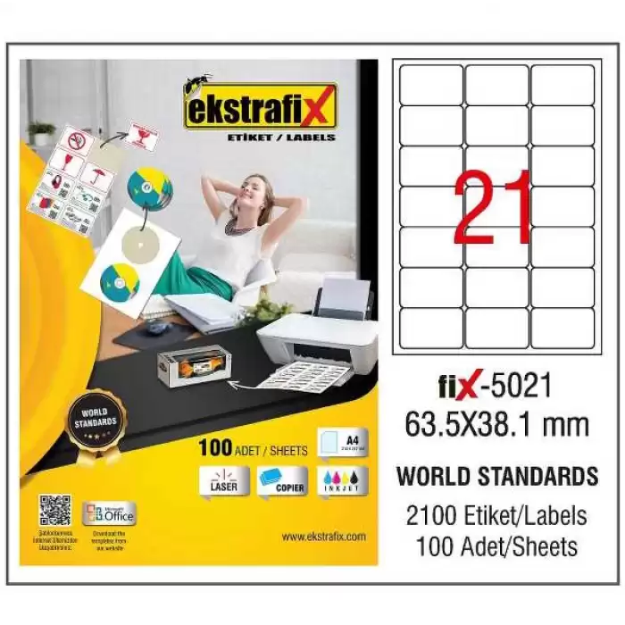 Ekstrafix Laser Etiket 100 Yp 63.5X38.1 Laser-Copy-Inkjet Fix-5021