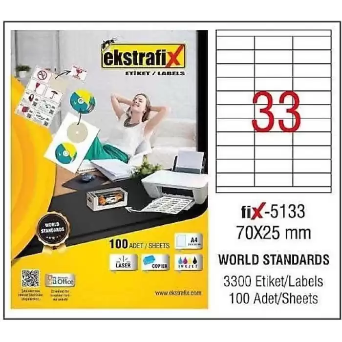 Ekstrafix Laser Etiket 100 Yp 70X25  Laser-Copy-Inkjet Fix-5133