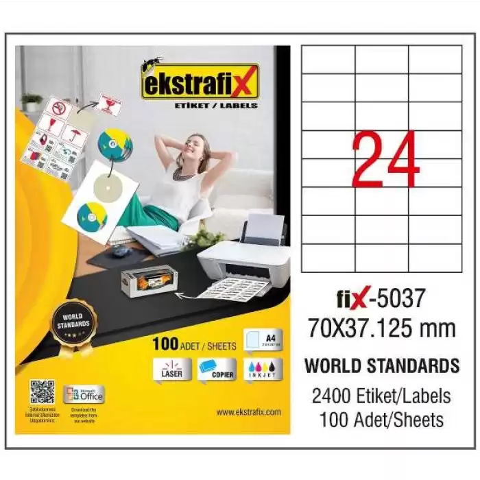 Ekstrafix Laser Etiket 100 Yp 70X37,125 Laser-Copy-Inkjet Fix-5037