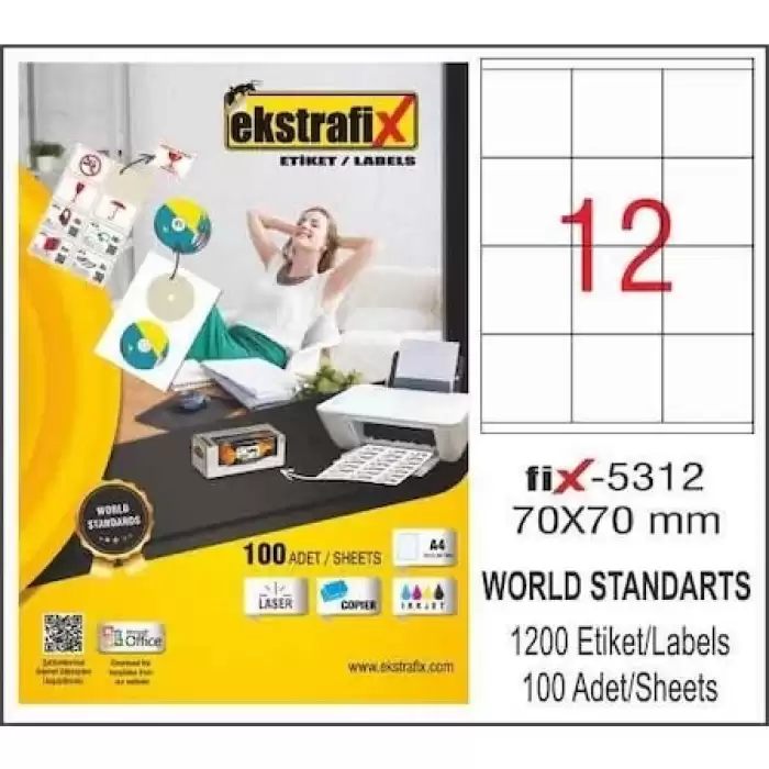 Ekstrafix Laser Etiket 100 Yp 70X70 Laser-Copy-Inkjet Fix-5312