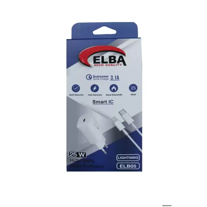 Elba Elb05-Pd-25Wıos Beyaz 25W Usb-C Ev Şarj Kafa+1Mt Type-C To Lightnıng Kablo Pd3.0-Qc4.0 Hızlı Ş