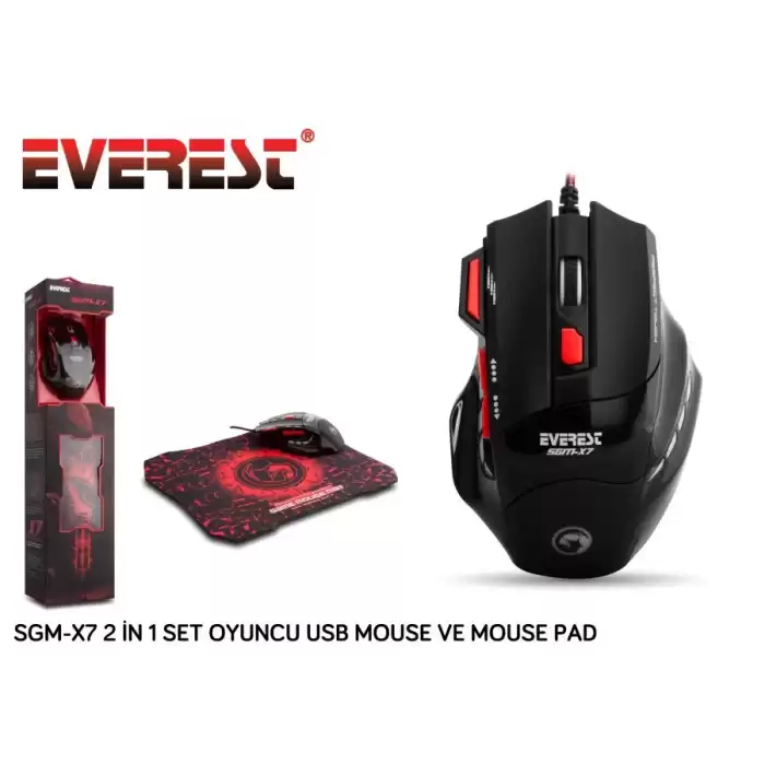 Everest Sgm-X7 Usb Siyah Makrolu 7200Dpi Oyuncu Mouse +Gaming Mouse Pad