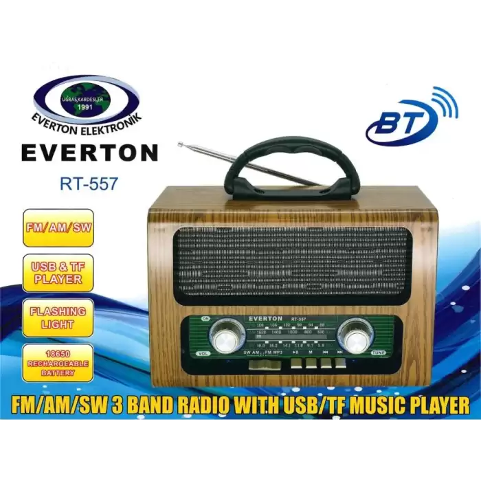 Everton Rt-557  Bluetooth Fm-Usb-Tf-Aux  Şarjlı Nostaljik Radyo