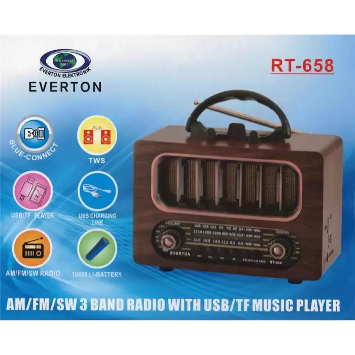 Everton Rt-836  Bluetooth Fm-Usb-Tf-Aux Şarjlı Nostaljik Radyo