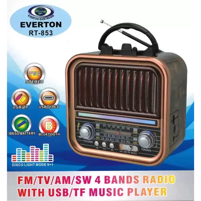 Everton Rt-853  Bluetooth Fm-Usb-Tf-Aux Şarjlı Nostaljik Radyo