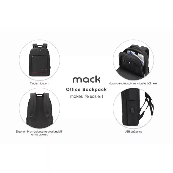 Mack Mcc-007 17.3 Office Usb Girişli Notebook Sırt Çantası Siyah