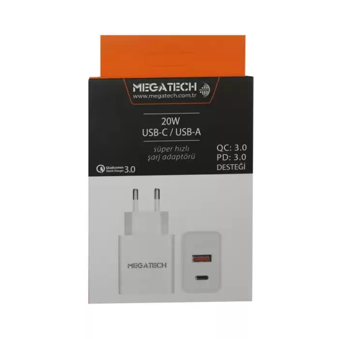 Megatech 20W Beyaz Usb-C Usb-A  Şarj Kafa Qc:3.0-Pd:3.0