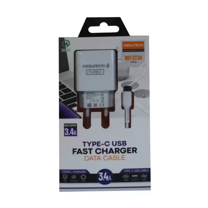 Megatech Cc-03 (Mt-Ct34 )3.4A Type-C Usb Kablo+ Ev Şarj Adaptör Hızlı Şarj