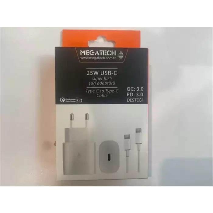 Megatech Mt-25W Qc:3.0 Pd:3.0 Ev Şarj Kafa+ Type-C To Type-C Şarj Kafası Hızlı Şarj