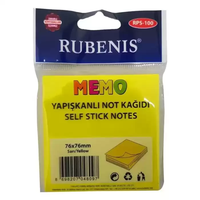 Rubenis Yapışkanlı Not Kağıdı 76X76 Mm 50 Şeffaf Sarı 50 Yp Rps-151 - 24lü Paket