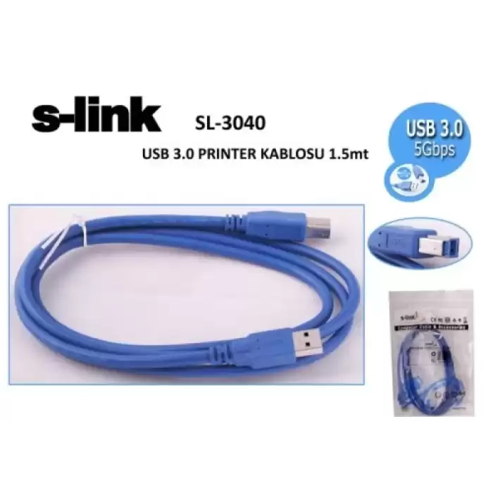 S-Link Sl-3040 1.5Mt Usb 3.0 Mavi Yazıcı Kablosu