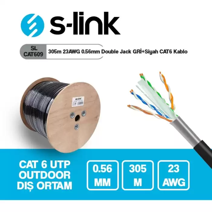 S-Link Sl-Cat609 305M 23Awg 0.56Mm Cca Double Jack Gri+Siyah