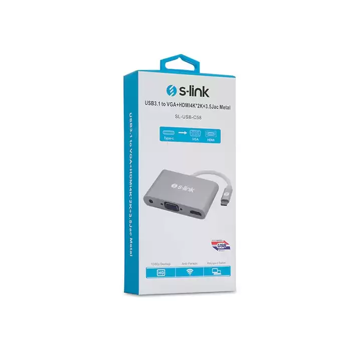 S-Link Sl-Usb-C58 Usb3.1 Metal To Vga+Hdmı4K-2K+3.