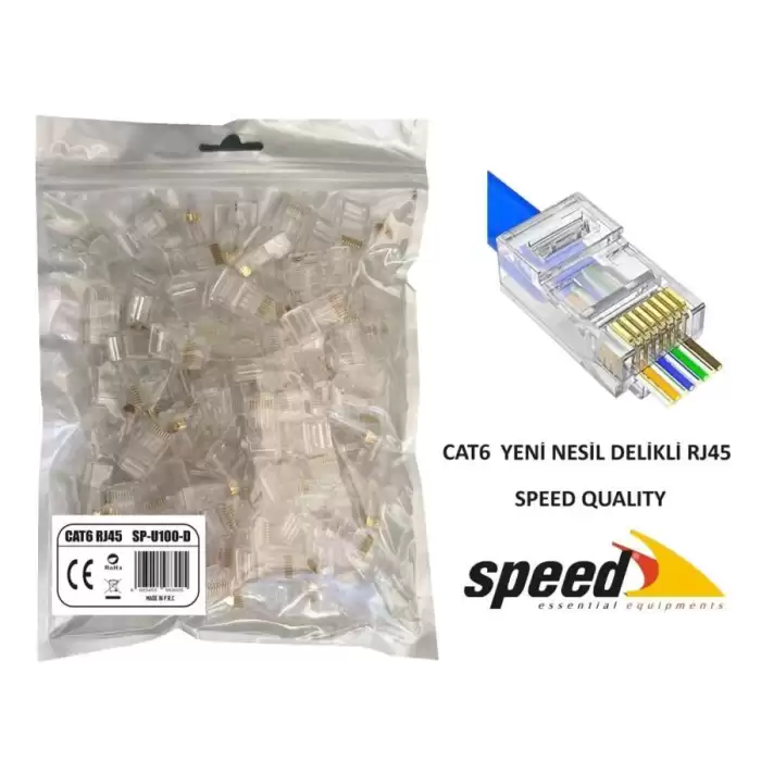 Speed Sp-U100 D Cat6 100 Adet Rj45 Konnektör Delikli Yeni Nesil