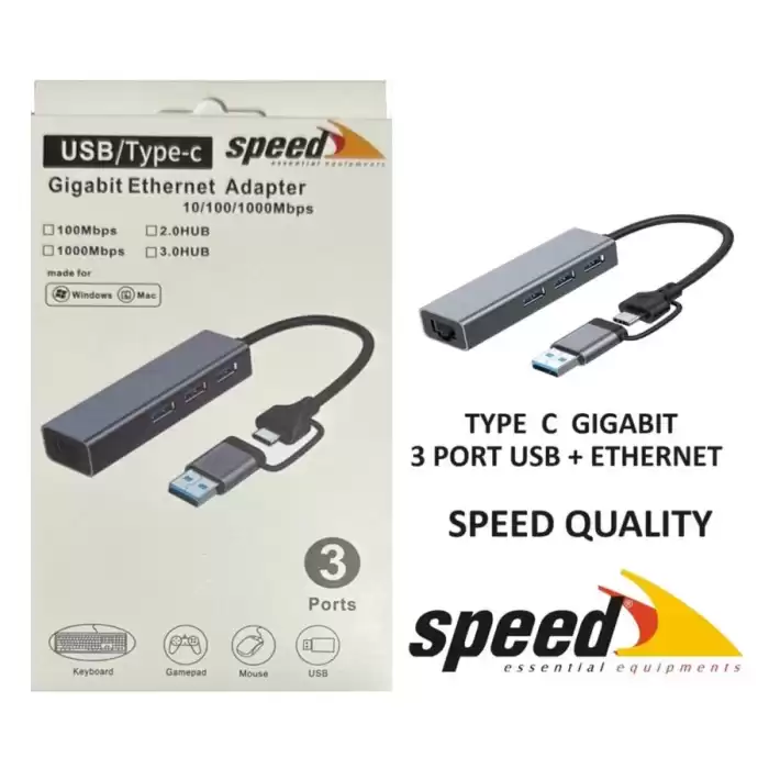 Speed Uet01 10-100-1000 Usb - Type C 3 Port Usb 3.0 Çoklayıcı Gigabit Ethernet Çevirici