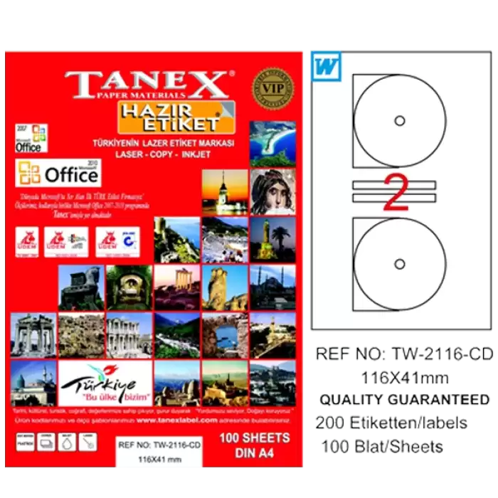 Tanex Cd Etiketi Laser-Copy-Inkjet 100 Yp 116X41 Mm Tw-2116