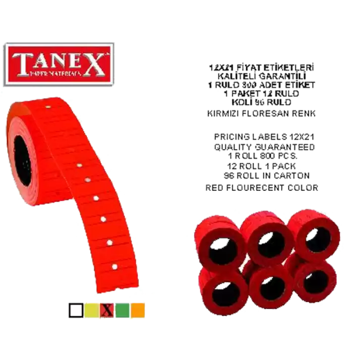 Tanex Fiyat Etiketi Çizgili 12X21 Fosforlu Kırmızı - 6lı Paket