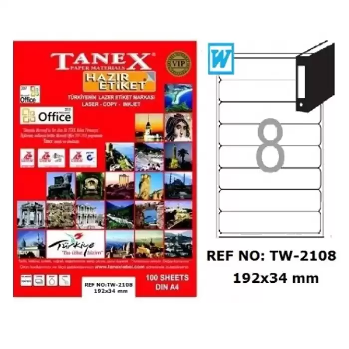 Tanex Laser Etiket 100 Yp 192X34 Laser-Copy-Inkjet Tw-2108