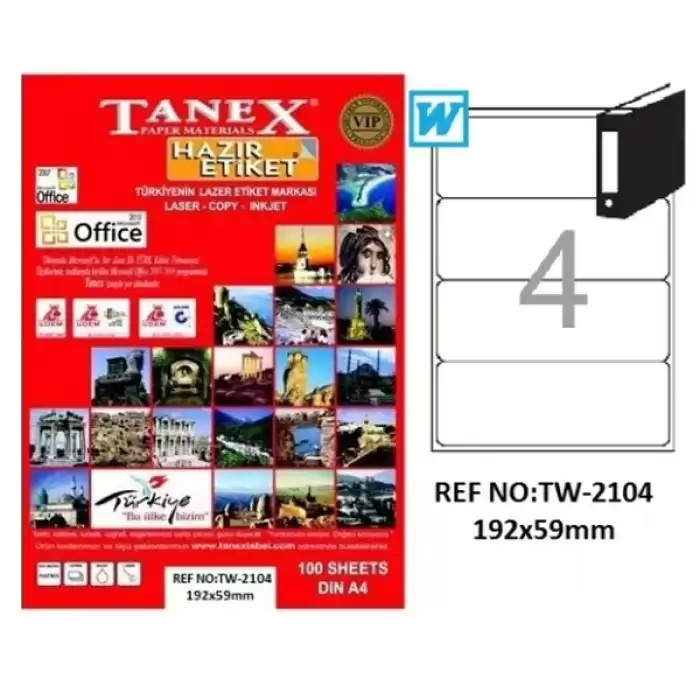 Tanex Laser Etiket 100 Yp 192X59 Laser-Copy-Inkjet Tw-2104