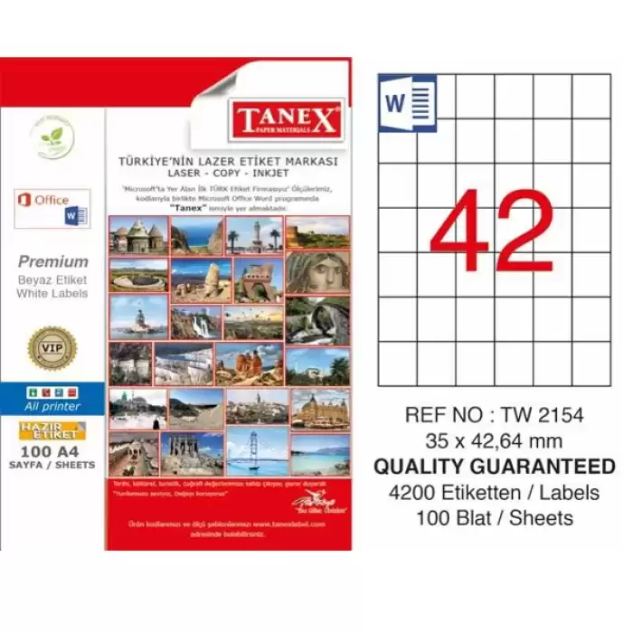 Tanex Laser Etiket 100 Yp 35X42 Mm Laser-Copy-Inkjet Tw-2154