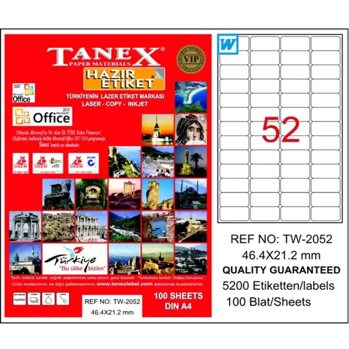 Tanex Laser Etiket 100 Yp 46.4X21.2 Laser-Copy-Inkjet Tw-2052