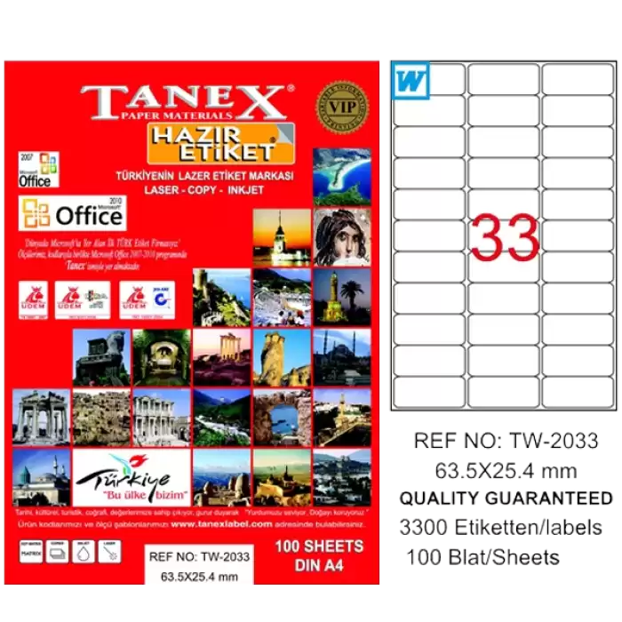 Tanex Laser Etiket 100 Yp 63.5X25.4 Laser-Copy-Inkjet Tw-2033