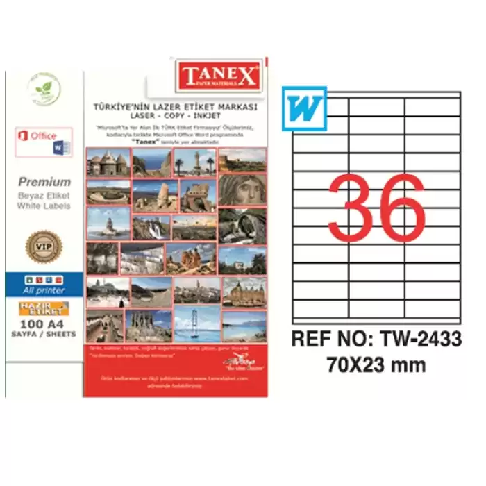 Tanex Laser Etiket 100 Yp 70X23 Laser-Copy-Inkjet Tw-2433