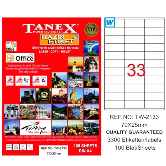 Tanex Laser Etiket 100 Yp 70X25 Laser-Copy-Inkjet Tw-2133