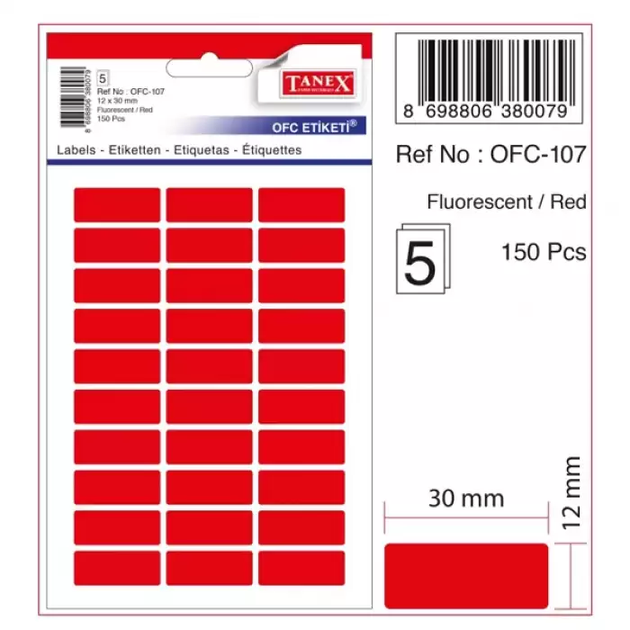 Tanex Ofis Etiketi Poşetli 12X30 Mm Fosforlu Kırmızı Ofc-107 - 10lu Paket