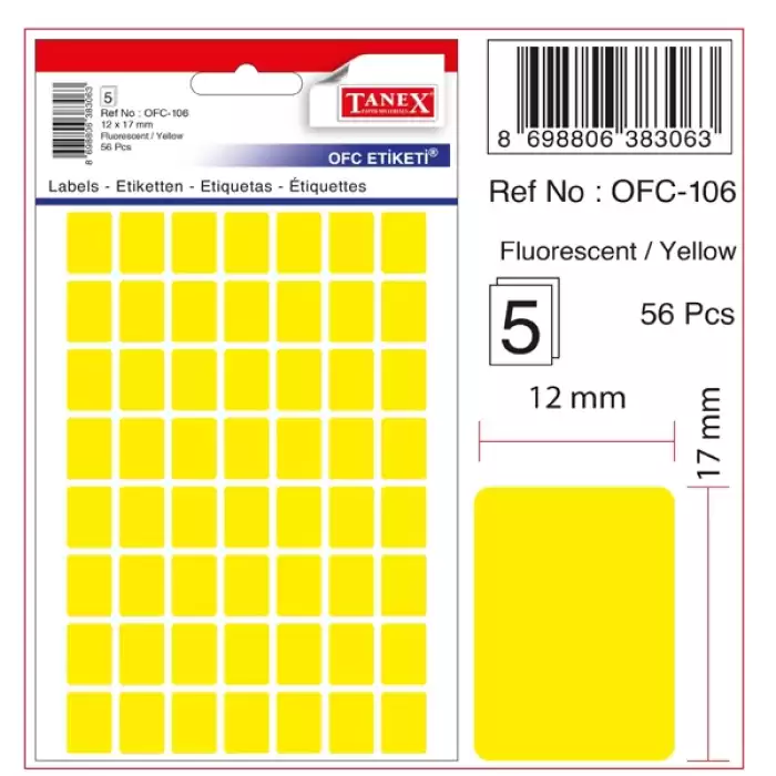 Tanex Ofis Etiketi Poşetli 12X30 Mm Fosforlu Sarı Ofc-107 - 10lu Paket