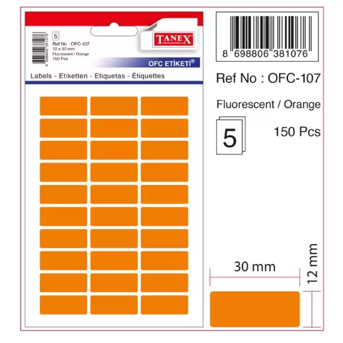 Tanex Ofis Etiketi Poşetli 12X30 Mm Fosforlu Turuncu Ofc-107 - 10lu Paket