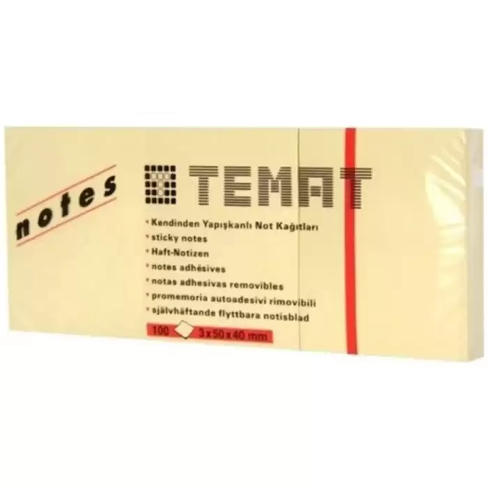 Temat Yapışkanlı Not Kağıdı 100 Yp Pastel Sarı 3X50X40 Mm 11230 - 4lü Paket