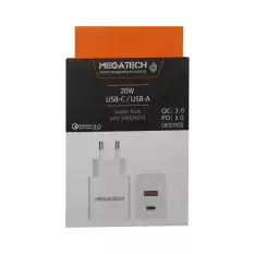 Megatech 20W Beyaz Usb-C Usb-A  Şarj Kafa Qc:3.0-Pd:3.0