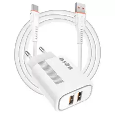 S-Link Sl-Ec50 (Sl-Ec50T) 5V 2400Ma Type-C Kablolu 2 Usb Çıkışlı Beyaz Ev Şarj Adaptörü