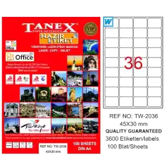 Tanex Laser Etiket 100 Yp 45X30 Laser-Copy-Inkjet Tw-2036
